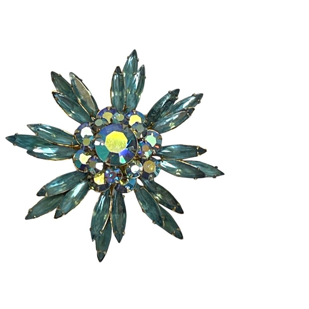 Judy Lee Aqua Blue AB Rhinestone Brooch Pin Clip On Earrings Set Starburst VTG - Picture 5 of 16